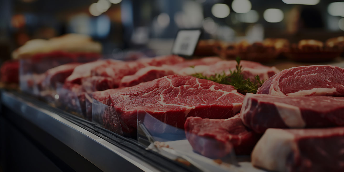 Homepage Banner Beef cuts in grocery store.